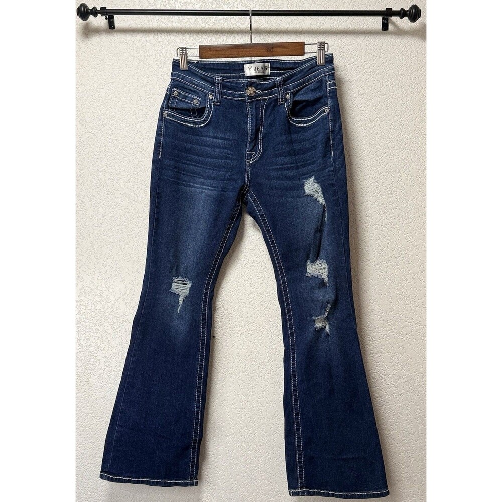 Y Jeans Los Angeles Womens 9/10 Bootcut Distressed Stretch Blue Jeans Bling